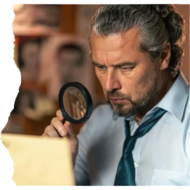 Detetive particular examinando documento com lupa